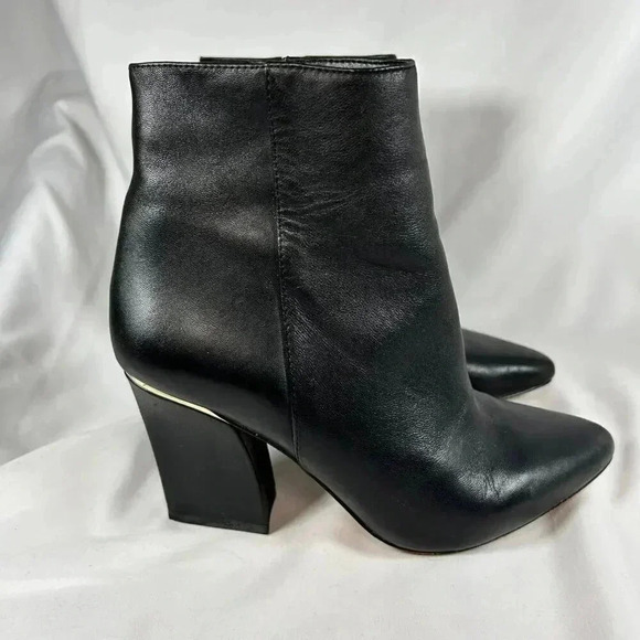 Antonio Melani Size 7 Black Leather Ankle Boot Wedge Heel Gold - Picture 4 of 11